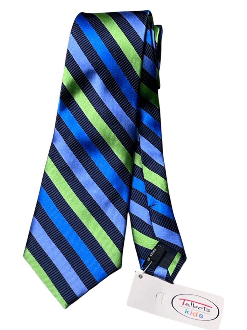 Talbots Kids NWT boys navy blue green diagonal striped 100% silk tie